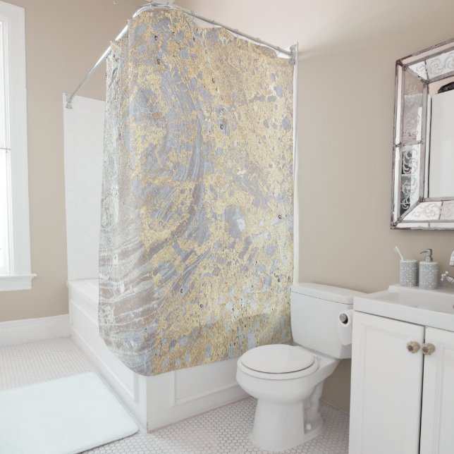 Goldish Beige Grey Marble Pattern Shower Curtain (In Situ)