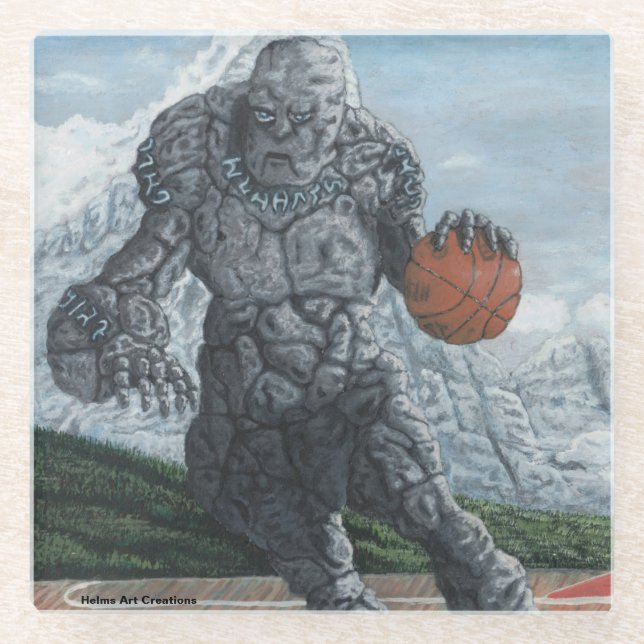 Golem Dribbling Basketball Fantasy Glass Coaster (Front)