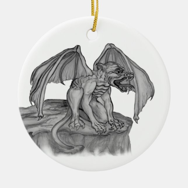 GOLEM - Gargoyle black-and-white Design Ceramic Tree Decoration (Front)