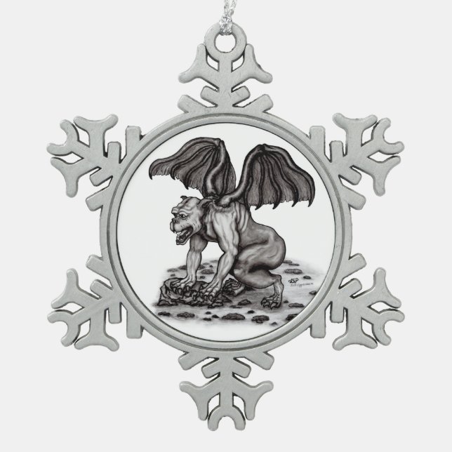 Golem Gargoyle Snowflake Pewter Christmas Ornament (Front)