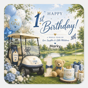 Golf 1 st Birthday with Golf Cart on Putting Green Square Sticker