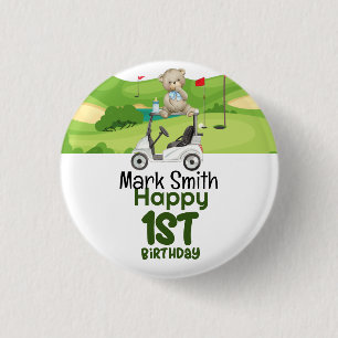 Golf 1st birthday one year old golfer with cart 3 cm round badge