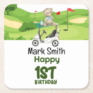 Golf 1st birthday one year old golfer with cart  square paper coaster