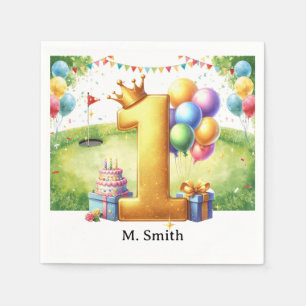 Golf 1st birthday one year old golfer with Name Napkin