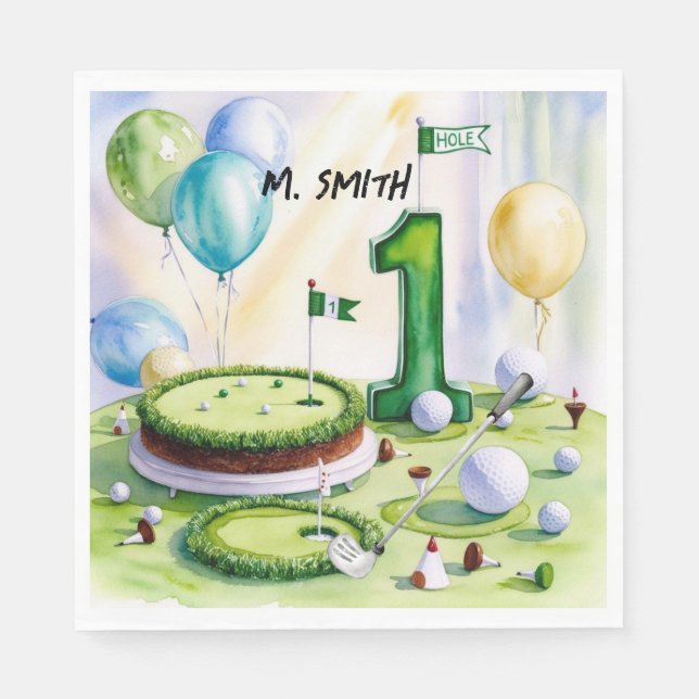 Golf 1st birthday one year old golfer with Name Napkin (Front)