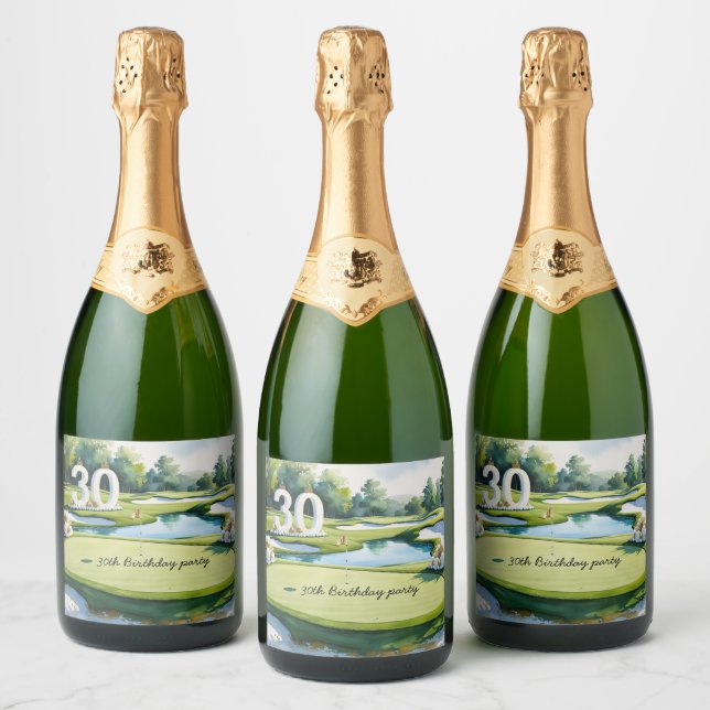 Golf 30th Birthday golf ball and tee on green Sparkling Wine Label (Bottles)