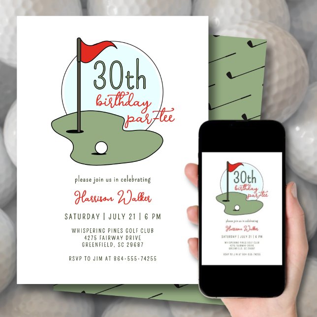 Golf 30th Birthday Party Hand Drawn Modern Green Invitation (Creator Uploaded)