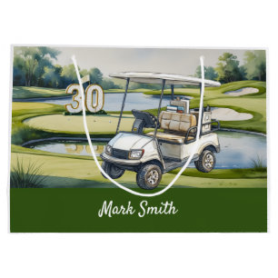 Golf 30th Birthday with Golf Cart on Green Large Gift Bag