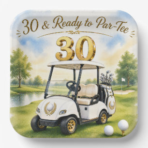 Golf 30th Birthday with golf cart on putting green Paper Plate