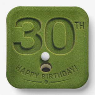 Golf 30th Birthday with golf cart on putting green Paper Plate