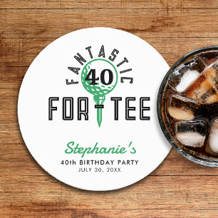 Golf 40th Birthday Party Fantastic For-Tee White Round Paper Coaster