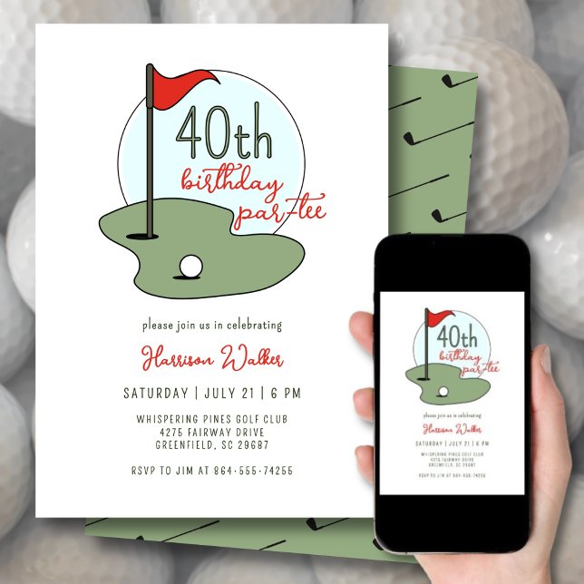 Golf 40th Birthday Party Hand Drawn Modern Green Invitation (Creator Uploaded)