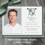 Golf 40th Birthday Party Photo Modern Green Invitation<br><div class="desc">Celebrate a milestone in modern style with this golf crest 40th birthday invitation. Designed with a sleek palette of light gray, sage green, and charcoal, the layout features a refined golf crest with crossed clubs and a bold “40, ” creating a polished clubhouse aesthetic perfect for golf lovers. A floating...</div>