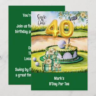 Golf 40th Birthday with Cake on Course for Golfer Invitation