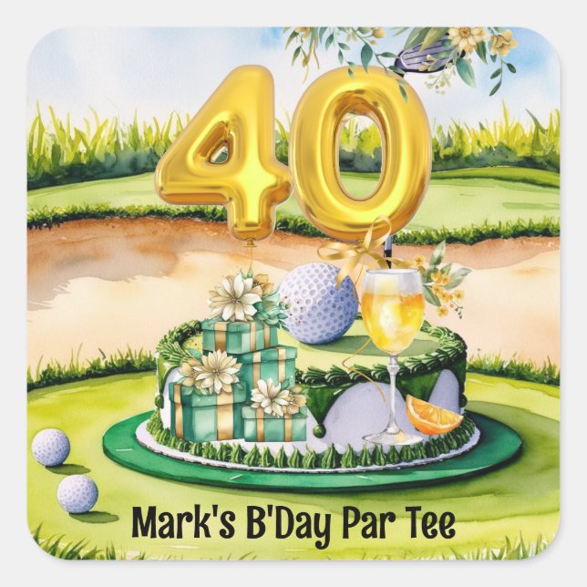Golf 40th Birthday with Cake on Course for Golfer Square Sticker (Front)
