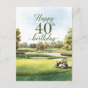 Golf 40th Birthday with golf cart on green  Postcard