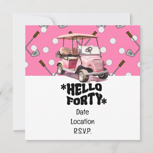 Golf 40th birthday with pink cart  woman golfer invitation (Front)