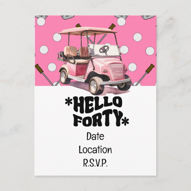 Golf 40th birthday with pink cart  woman golfer postcard (Front)