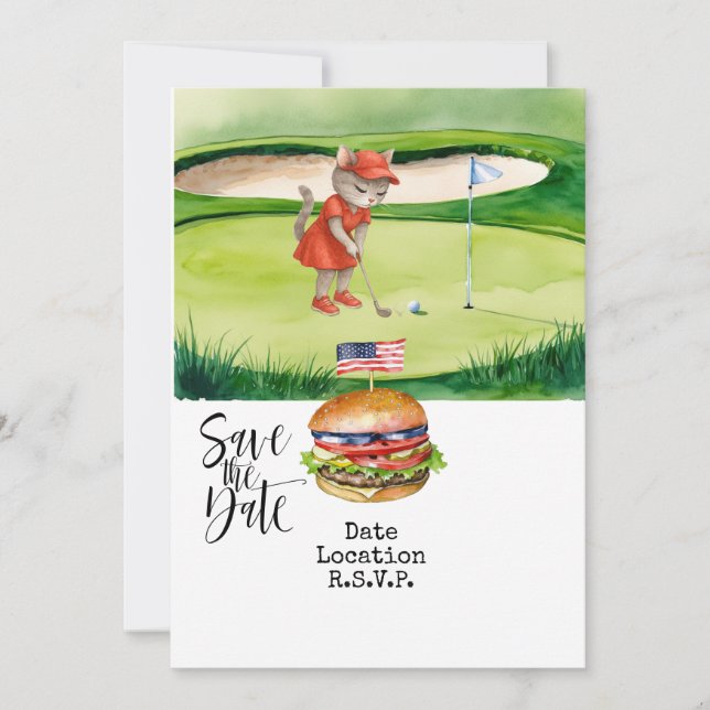  Golf 4th July Cat invitation card save the date (Front)