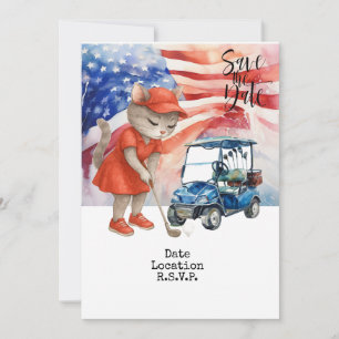 Golf 4th July Cat invitation card save the date