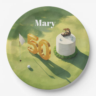 Golf 50th Birthday for golfer with cake and number Paper Plate