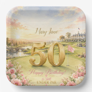Golf 50th Birthday for woman golfer Pink themed Paper Plate