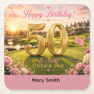 Golf 50th Birthday for Woman Golfer  Square Paper Coaster