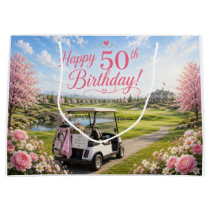 Golf 50th Birthday for Woman Golfer with golf cart Large Gift Bag