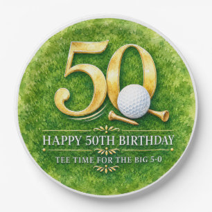 Golf 50th Birthday Golfer Gold 50 Watercolor  Paper Plate