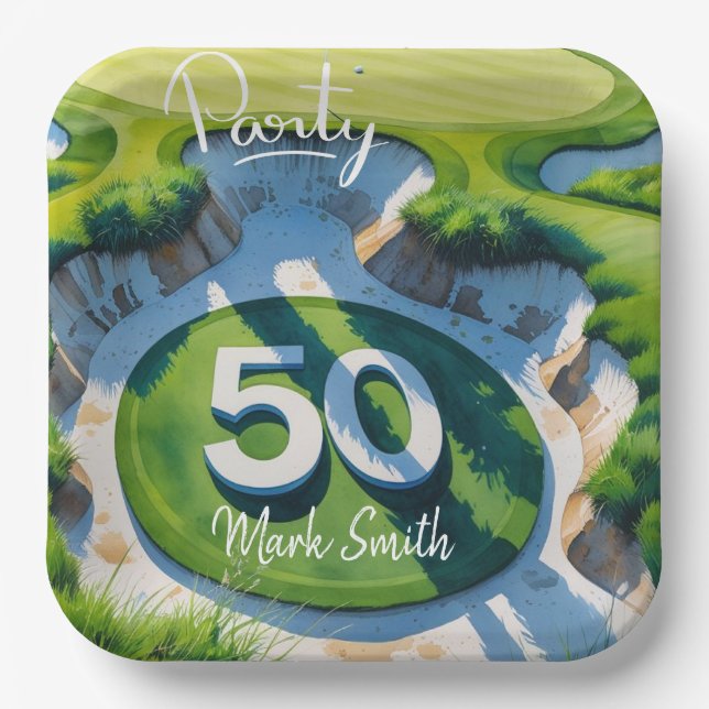 Golf 50th Birthday on Golf Course  Paper Plate (Front)