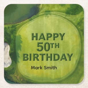 Golf  50th birthday on golf course  square paper coaster