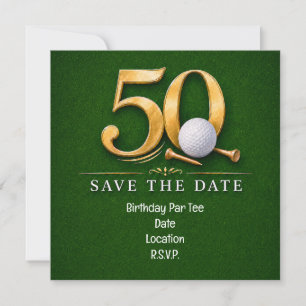 Golf 50th Birthday with golf on green grass Save The Date