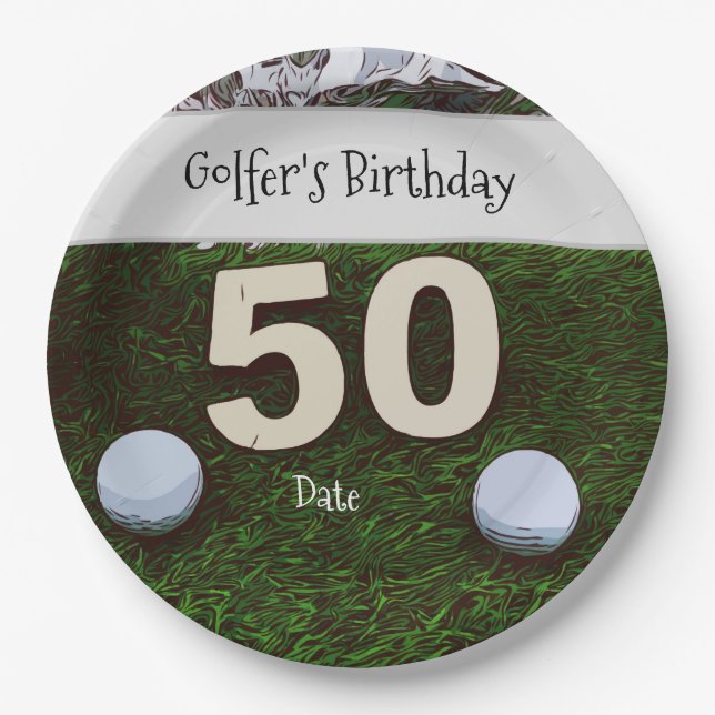 Golf 50th Golfer's Birthday with balls on green Paper Plate (Front)