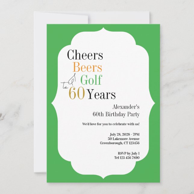 Golf 60th Birthday Cheers and Beers Green Invitation (Front)