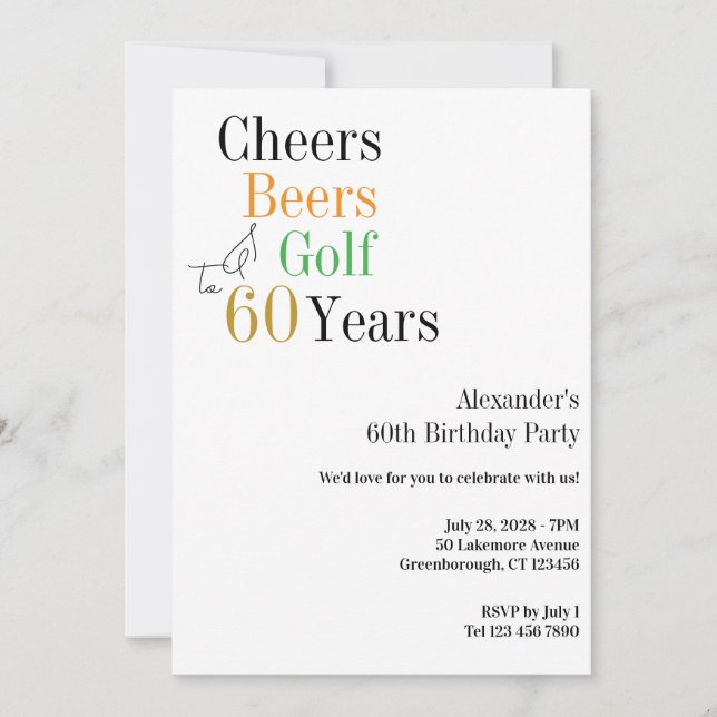 Golf 60th Birthday Cheers and Beers Minimal Invitation (Front)