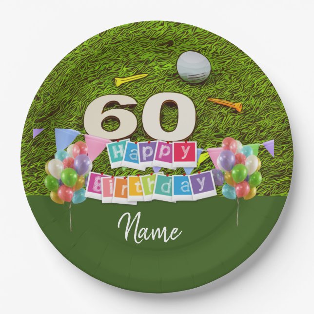 Golf 60th birthday golfer with balloon on green  paper plate (Front)