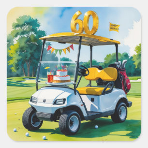 Golf 60th Birthday with golf cart on green Square Sticker