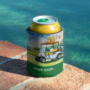 Golf 80th Birthday with golf cart on green Can Cooler