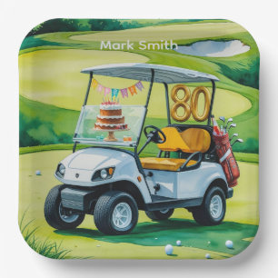 Golf 80th Birthday with golf cart on putting green Paper Plate