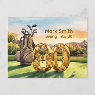Golf 80th Birthday with Golf Cart on Putting Green Postcard