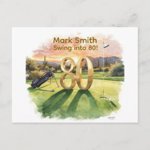 Golf 80th Birthday with Golf Cart on Putting Green Postcard