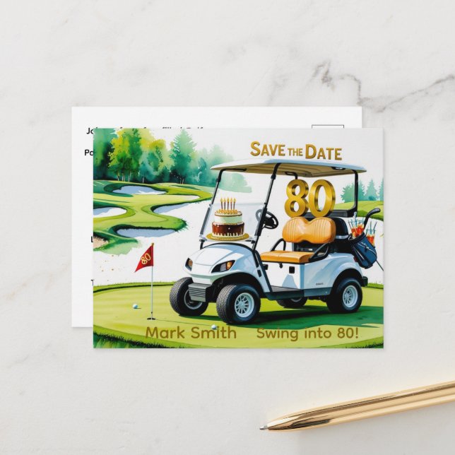 Golf 80th Birthday with Golf Cart on Putting Green Postcard (Front/Back In Situ)