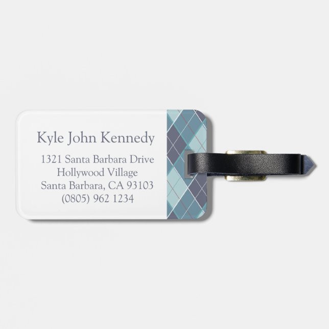 Golf Argyle golf pattern teal blue luggage tag (Back Horizontal)