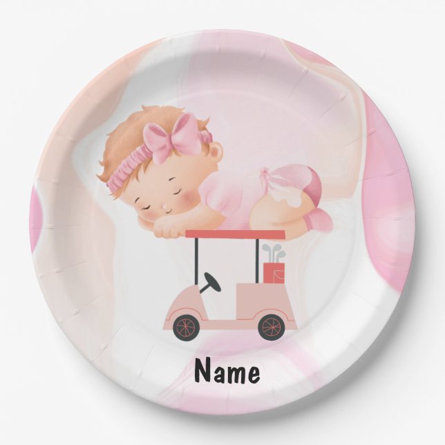 Golf Baby Girl on Golf cart with golf bag Pink  Paper Plate (Front)