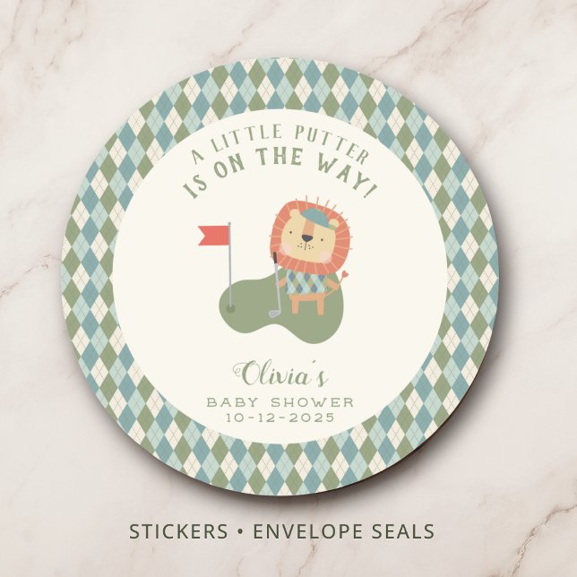 Golf Baby Shower A Little Putter Preppy Argyle   Classic Round Sticker (Cute lion golfer sticker for golf baby showers and favors.
)