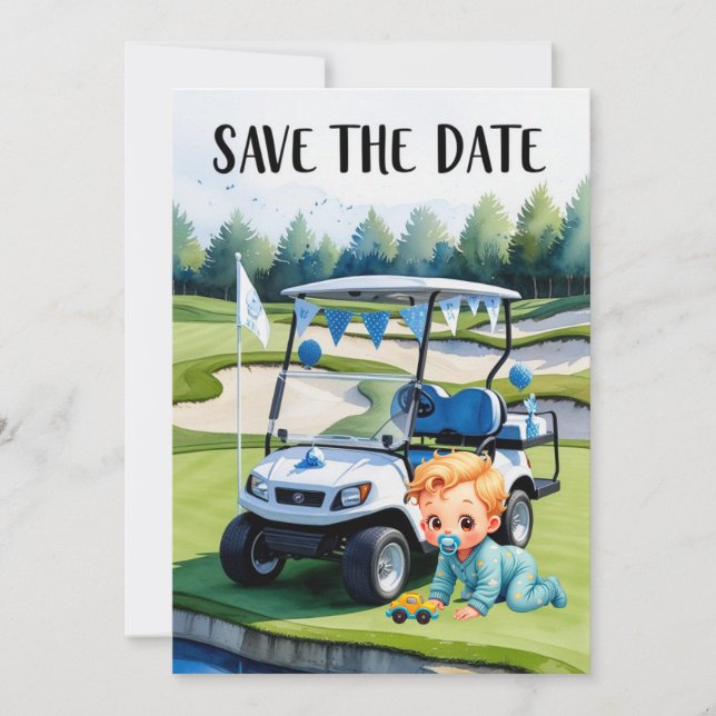 Golf Baby Shower for boy with golf cart on green Invitation (Front)