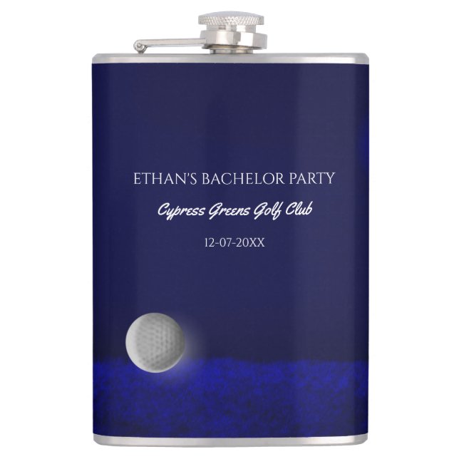 Golf Bachelor Party golf ball and course navy blue Hip Flask (Front)