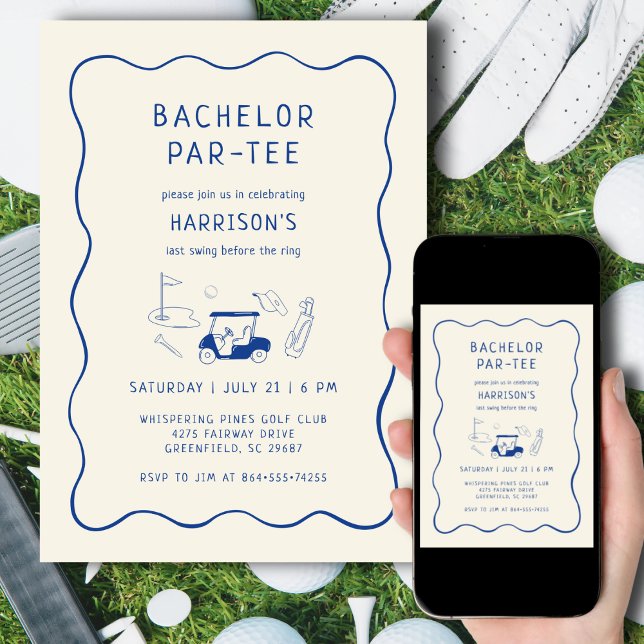 Golf Bachelor Party Last Swing Hand Drawn Blue Invitation (Creator Uploaded)