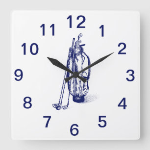Golf Bag Golf Clubs Blue Square Wall Clock