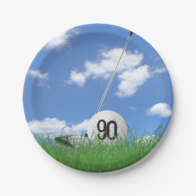 Golf Ball and club for 90th birthday Paper Plate (Front)